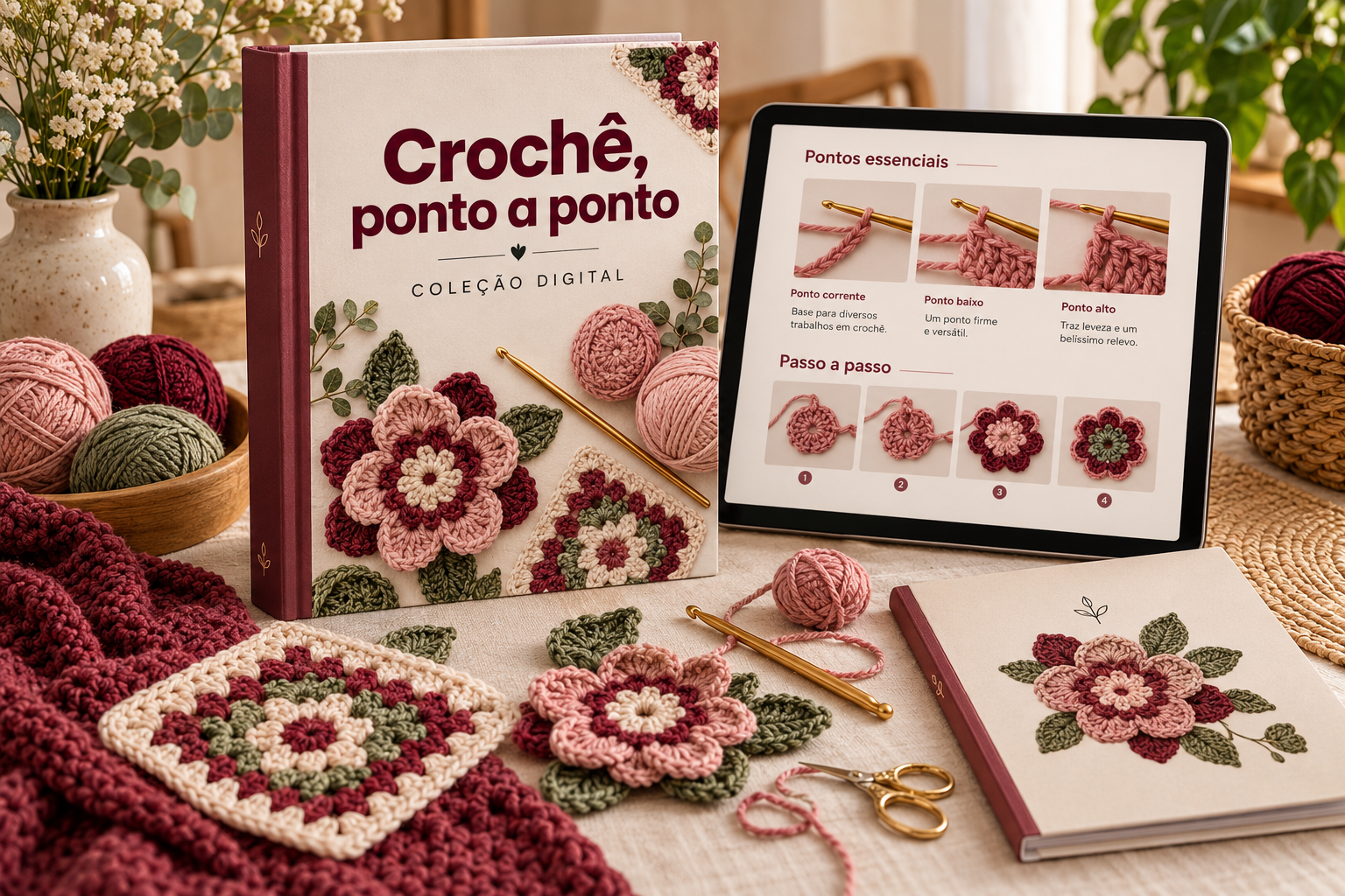 Mockup ilustrativo da coleção digital Crochê, ponto a ponto, com livro, tablet e peças de crochê