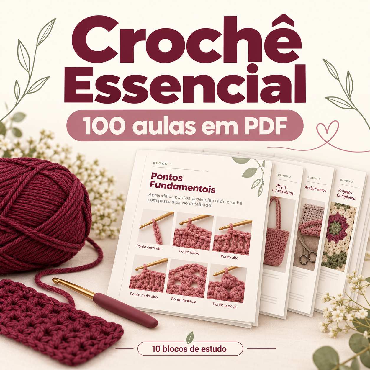 Capa Crochê Essencial, 100 aulas em PDF